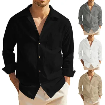 2023 Летняя новая мужская однотонная льняная повседневная рубашка Кардиган с длинным рукавом Классические топы Рубашки Camisa Masculina