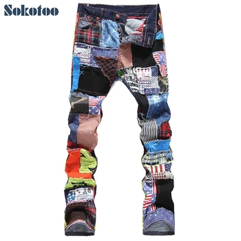 Sokotoo/мужские рваные джинсы в стиле пэчворк, мужские модные тонкие цветные пуговицы, прямые брюки, Бесплатная доставка