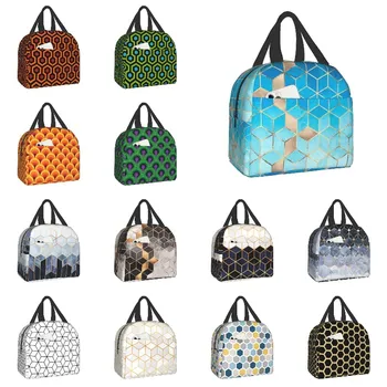 Роскошные Абстрактные Кубики с Геометрическим Рисунком, Изолированная сумка для ланча для женщин, Портативный термоохладитель, коробка для Бэнто, Походные Дорожные сумки