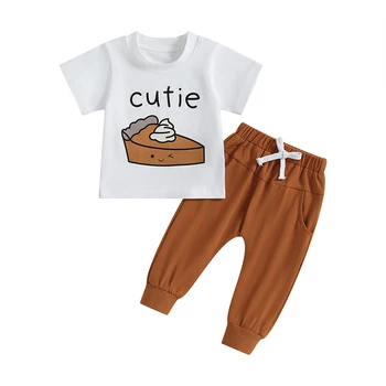Осенняя одежда для малышей из 2 предметов, футболка с короткими рукавами и штанами с рисунком пирога, комплект одежды для малышей