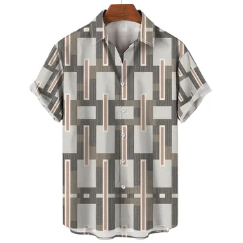 Простые рубашки для мужчин в полоску и клетку, Свободная рубашка большого размера, Повседневные уличные Гавайские рубашки с короткими рукавами, Мужская одежда