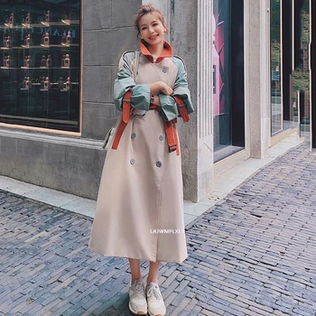 2022 Корейский новый осенний модный тренч с цветным блоком, женская уличная одежда, пальто с красным поясом и карманом, Тренч, женское весеннее пальто FY135