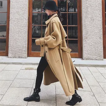 Длинное шерстяное пальто большого размера, осенне-зимняя женская одежда, Новая модная темпераментная двубортная бандажная куртка f2477