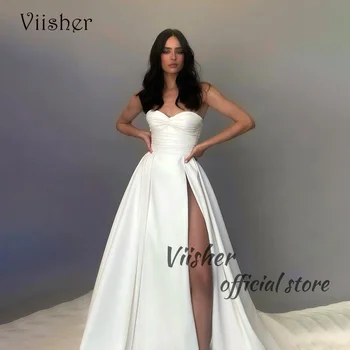 Свадебные платья А-силуэта из белого атласа Viisher для невесты, Пляжные свадебные платья с высоким Разрезом, Длинное платье Невесты со шлейфом
