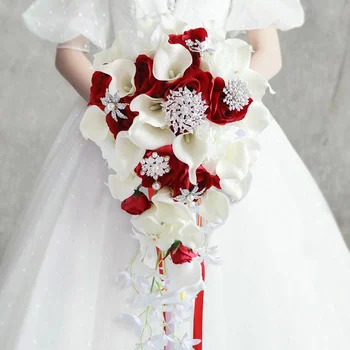 Водопад Красный Свадебный Искусственный Жемчуг Хрустальные Свадебные Букеты De Mariage Роза Букет Невесты Аксессуар