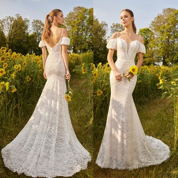 Свадебные платья Изысканная русалка на тонких бретельках, кружевные свадебные платья с открытыми плечами и открытой спиной платье