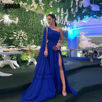 SONDR Синее Длинное Шифоновое Саудовско-Арабское Вечернее Платье С Разрезом на одно плечо Сбоку, Вечерние Платья для Клубных Мероприятий, Вечерние Платья 2023