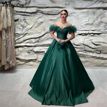 Элегантные темно-зеленые вечерние платья в форме сердца 2023, атласные платья с открытыми плечами, расшитые бисером, платья для выпускного вечера для женщин, Robe De Soirée