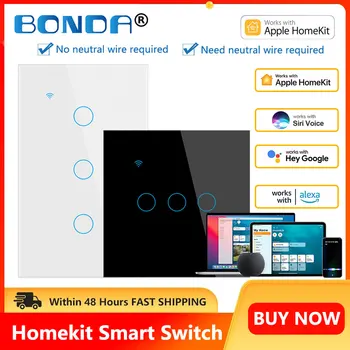 Apple Homekit Smart Switch Без Нейтрального ЕС/США WIFI Сенсорный Выключатель Света Smart Google Home Alexa Siri Голосовое Управление 220 В 110 В