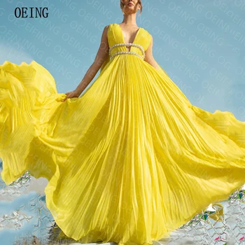 OEING Желтые шифоновые вечерние платья без рукавов с глубоким V-образным вырезом и жемчугом, плиссированные пляжные платья для выпускного вечера, длиной до пят