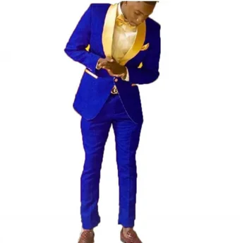Королевский Синий Смокинг Для Жениха, Шаль с Золотым отворотом, Мужские костюмы, Комплект из 2 предметов, Свадебный Костюм Жениха, Homme (куртка + брюки)