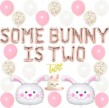 JOYMEMO Some Bunny-это украшения на тему двух зайчиков на 2-й день рождения для девочек, воздушные шары из фольги с кроликом, два топпера для торта, праздничные принадлежности