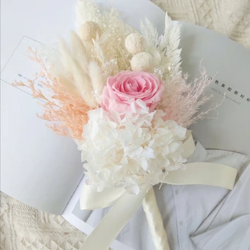 Свадебный букет для подружки невесты, Сохраненные вечные розы, Искусственные цветы для рукоделия, Свадебный букет из натуральной пампасной травы