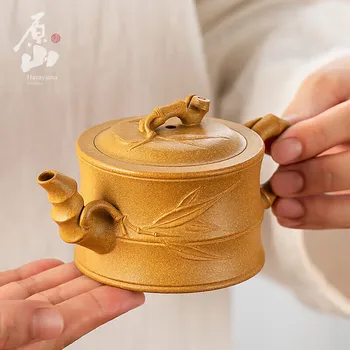 Оригинальный Горный Чайник Yixing Zisha Известного Мастера Ручной Работы Zisha Чайник Из Необработанной Руды Для Приготовления Чая Чайная Посуда Из Бамбуковой Секции Горшок Подарочная Коробка
