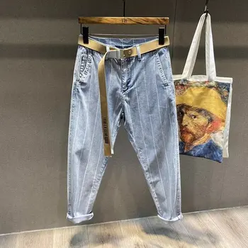 Новый нишевый дизайн Со светлыми джинсами в полоску Для мужских весенне-летних повседневных брюк свободного кроя, прямые укороченные джинсы