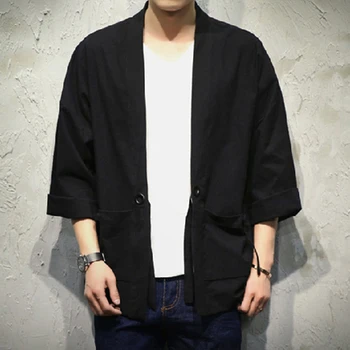 Мужские рубашки-кимоно, весенне-осенняя блузка на пуговицах с коротким рукавом, кардиган, верхняя одежда, Корейская модная черная рубашка, мужская верхняя одежда