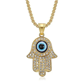 Подвеска в стиле хип-хоп Iced Out Evil Eye Золотого цвета из нержавеющей стали, ожерелье Hasma Hand of Fatima для турецких ювелирных изделий, Прямая поставка