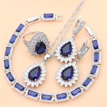 Синий сапфировый камень Для новобрачных, наборы ювелирных изделий из серебра 925 пробы, подарок для женщин, браслет, ожерелье, комплект, Прямая поставка