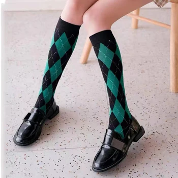 Ретро Винтажные женские хлопковые длинные носки до колена, Модные чулки JK Lolita, Ромбовидная решетка, теплые носки до икры в японском корейском стиле