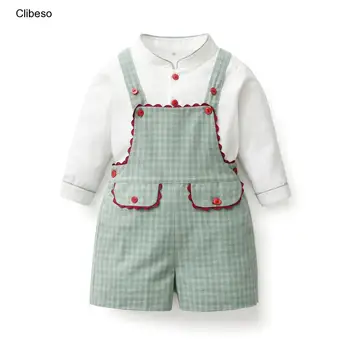 Испанский костюм для мальчиков, детский Джентльмен, комплект из 2 предметов, хлопковая рубашка с длинными рукавами, Клетчатые шорты, Модная одежда для малышей, осенняя верхняя одежда