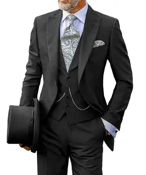 Черные/Синие Мужские костюмы, комплект из 3 предметов, Смокинг Жениха с V-образным вырезом и Зубчатыми Лацканами, Мужские костюмы для Свадьбы (куртка + жилет + Брюки)