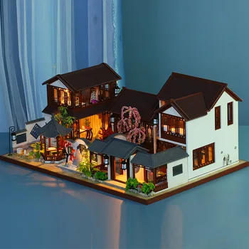 Творчество DIY Деревянный Кукольный Домик Архитектура Китайского города, Миниатюрные Модели домов С Мебелью, Игрушки Для Детей, подарок на День рождения для взрослых