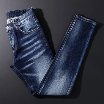 Модные Дизайнерские мужские джинсы Высокого качества, Выстиранные Синие Эластичные облегающие рваные джинсы, Мужские Винтажные брюки, Брендовые брюки Hombre