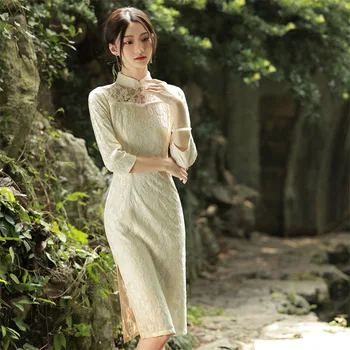 2022 Современное Китайское Традиционное Платье С Высоким Воротом И Длинным Рукавом Средней Длины Cheongsam Qipao Vestidos De Mujer Для Женщин Вечернее